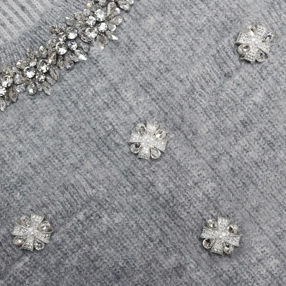 Self Portrait Grey Fluffy Crystal Trim Cardigan - Picture 5 of 13